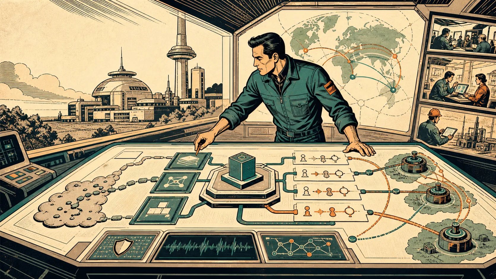Vintage comic illustration of a forward deployment engineer using a central planning table to connect customer workflows, AI systems, and product platform feedback loops